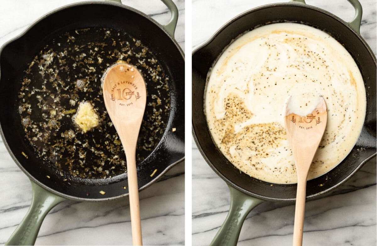 making leek cream sauce in a skillet