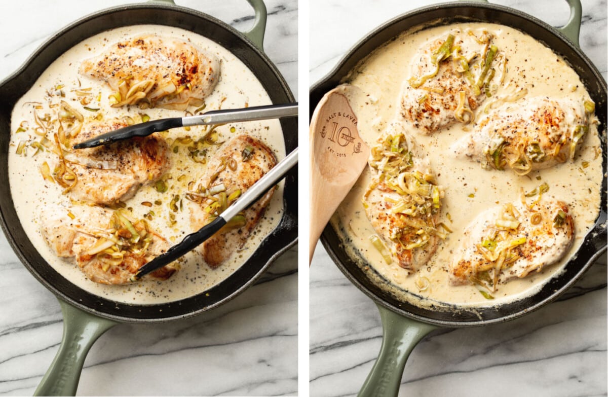 adding chicken and leeks to a skillet and stirring
