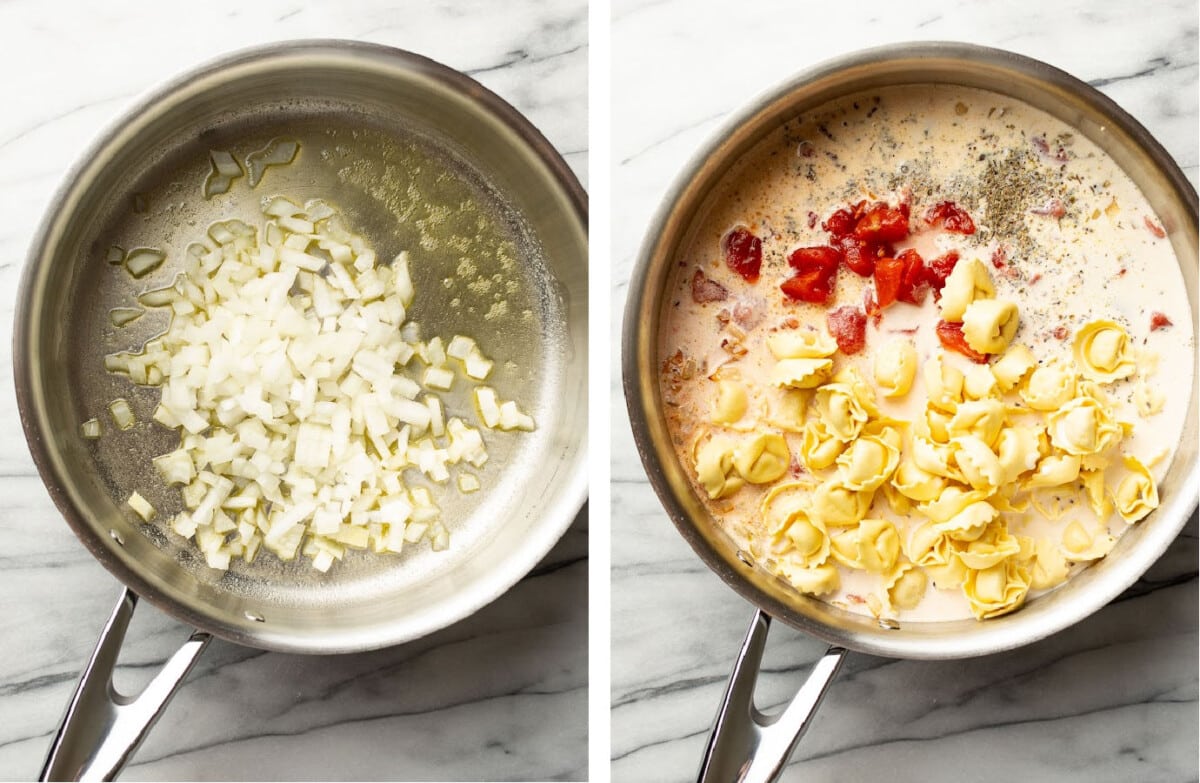 sauteing onions in a skillet and adding in tortellini and other ingredients