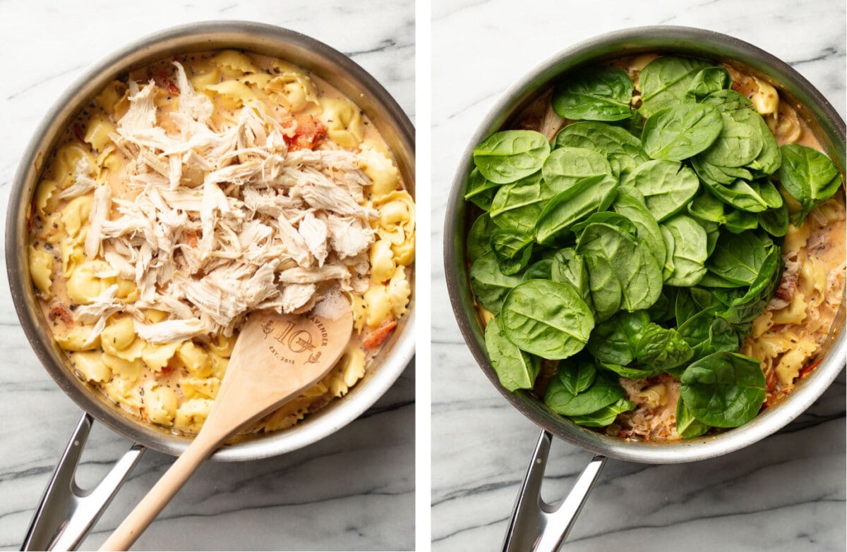 stirring in chicken and spinach to a skillet with creamy tomato tortellini