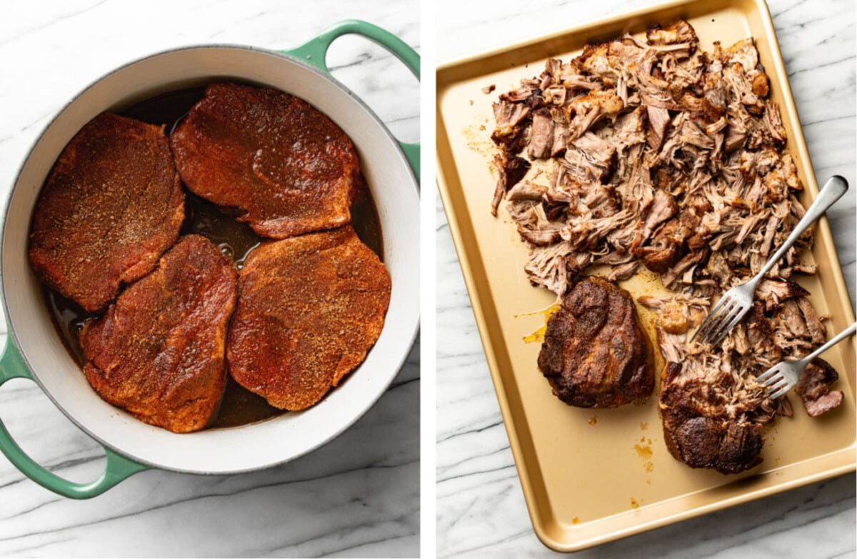 cooking pulled pork in a dutch oven and shredding it on a baking sheet