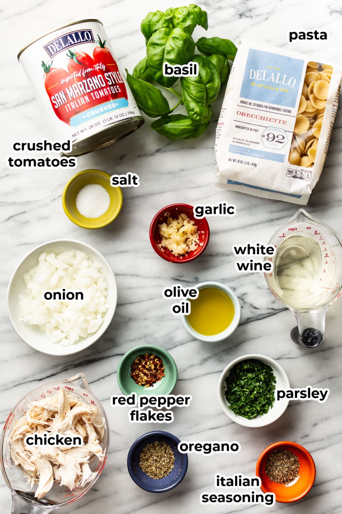 ingredients for chicken fra diavolo in prep bowls