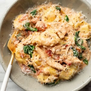 a bowl of one pan tortellini with chicken and a fork