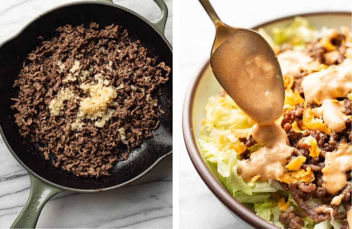 sauteing ground beef in a skillet and spooning dressing on a bowl of big mac salad