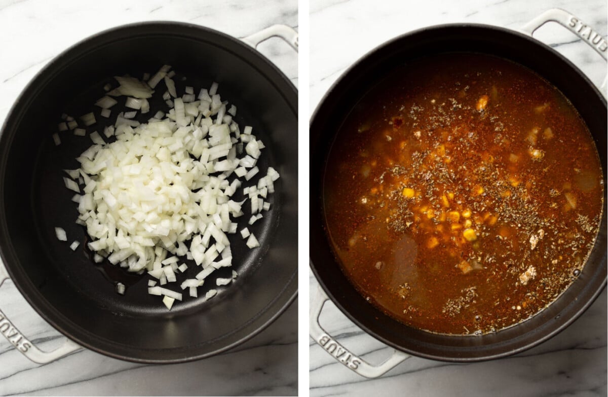 sauteing onions in a dutch oven and adding in enchilada soup ingredients