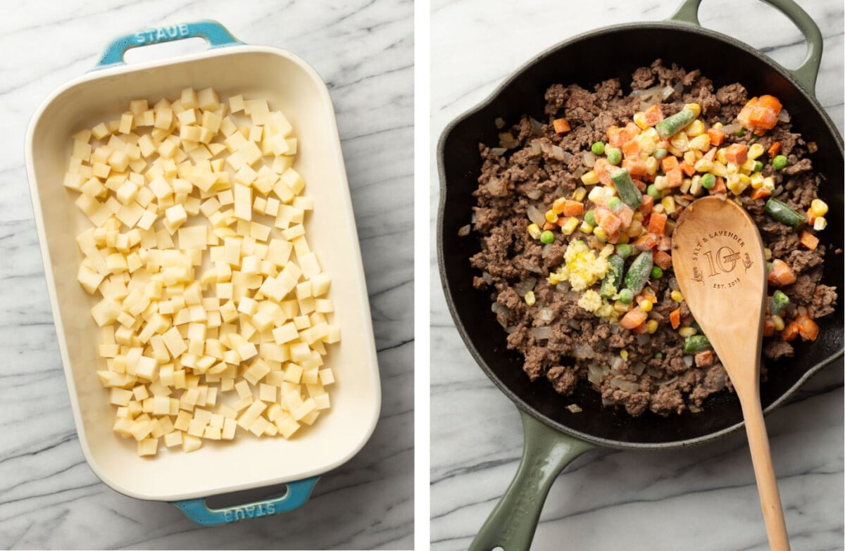 adding potatoes to a baking dish and sauteing ground beef in a skillet