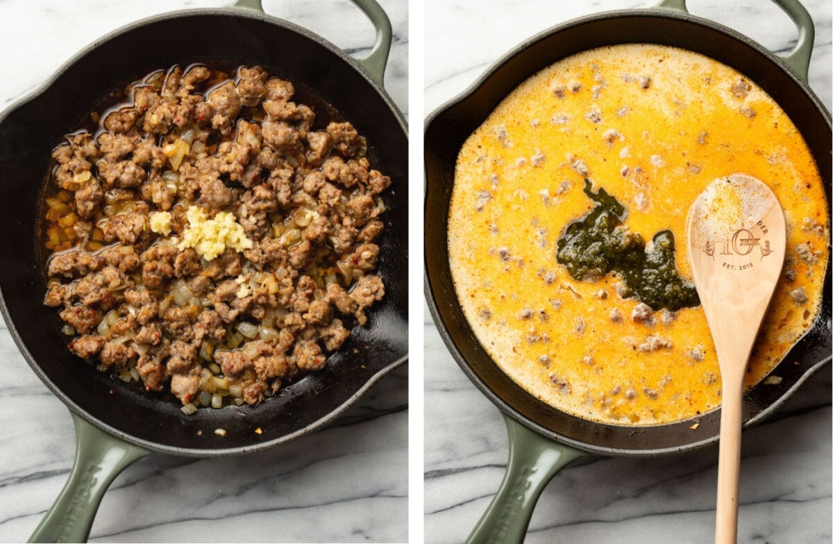 cooking italian sausage in a skillet and adding pesto sauce ingredients