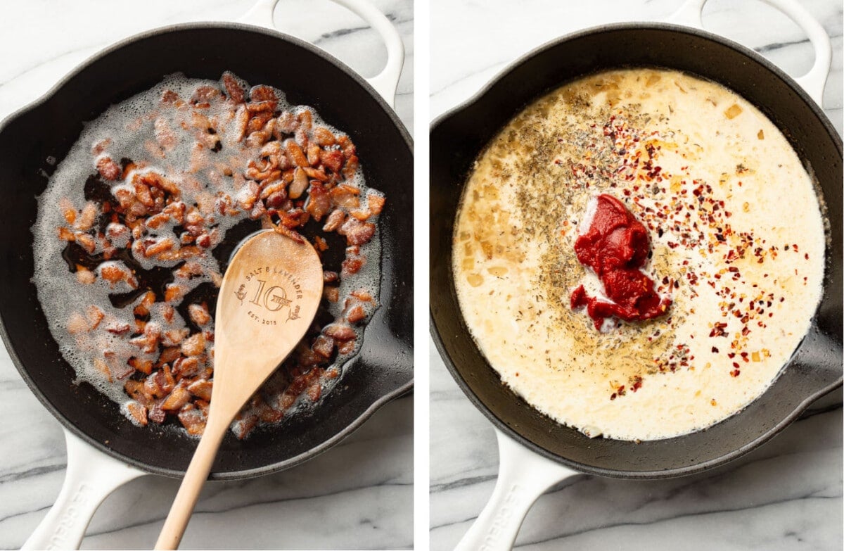 sauteing bacon in a skillet and making spicy tomato sauce