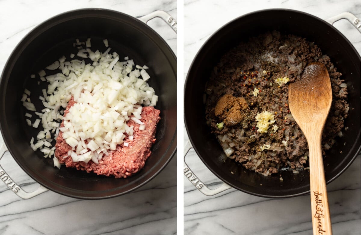 sauteing ground beef and onions in a pot and stirring in garlic