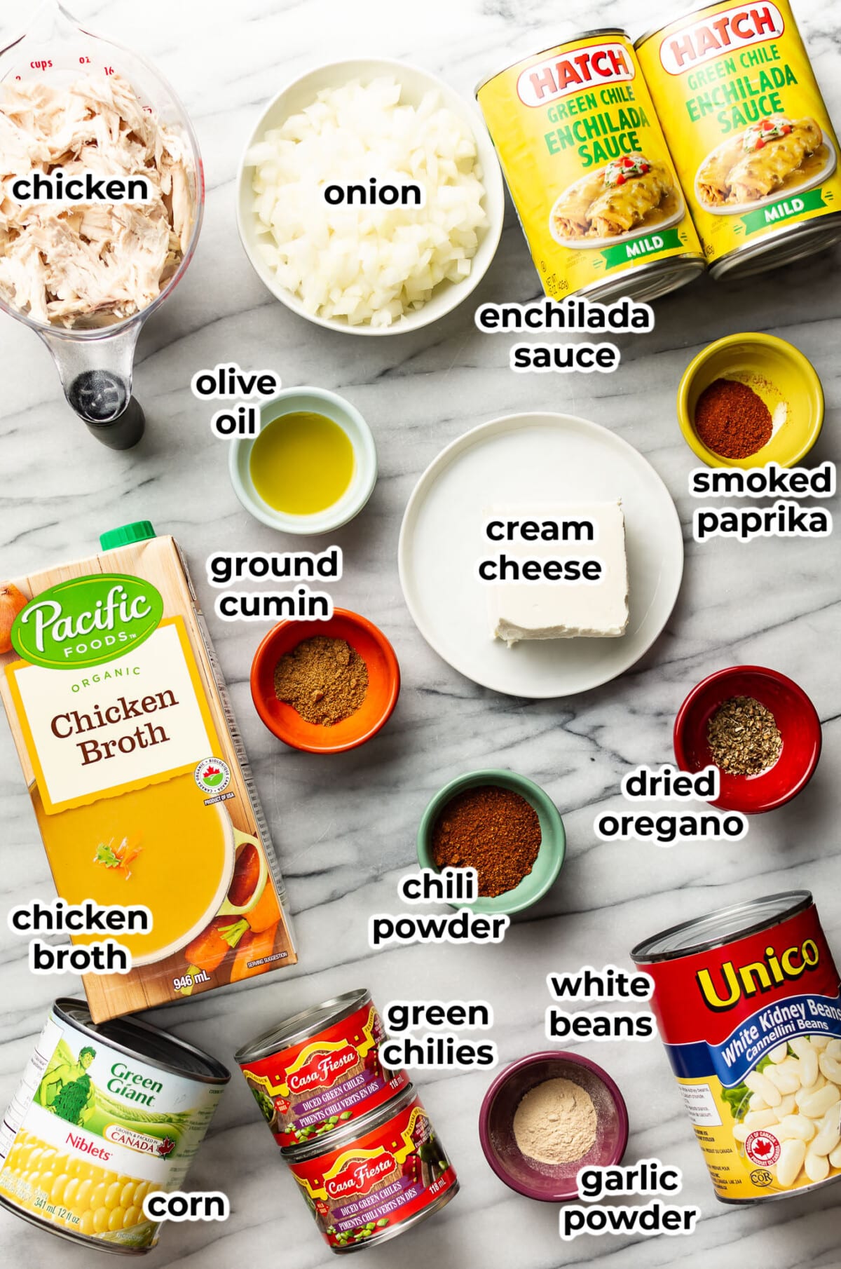 ingredients for creamy green chicken enchilada soup in prep bowls