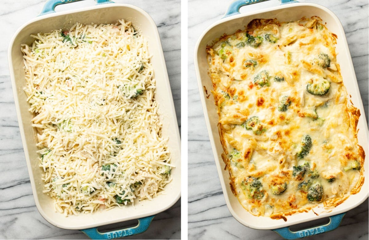 chicken penne casserole before and after baking