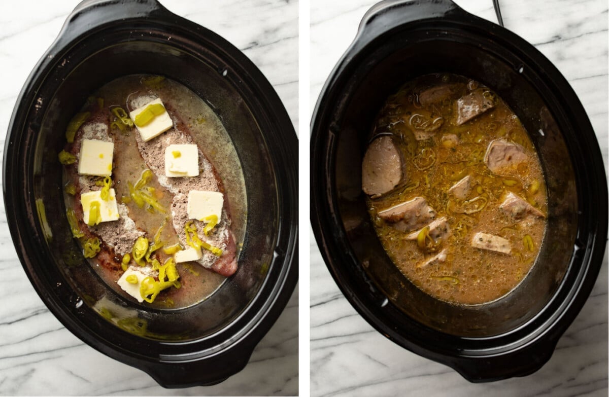 mississippi pork tenderloin in a crockpot before and after cooking
