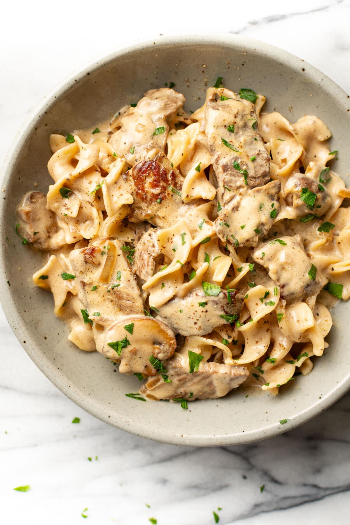 a bowl with beef stroganoff and egg noodles