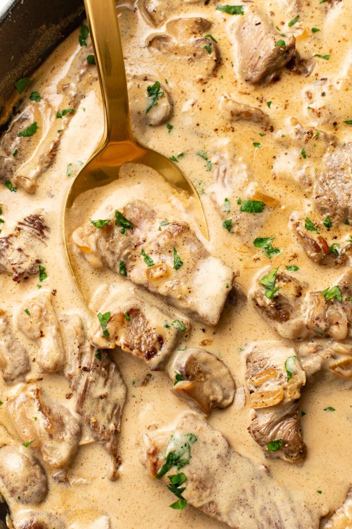a skillet with beef stroganoff and a serving spoon