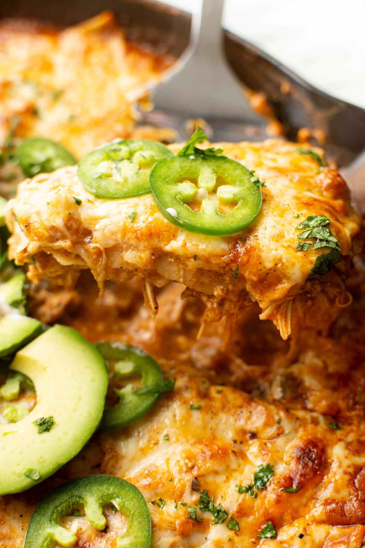 closeup of chicken enchilada skillet