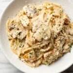 a bowl of chicken mushroom pasta
