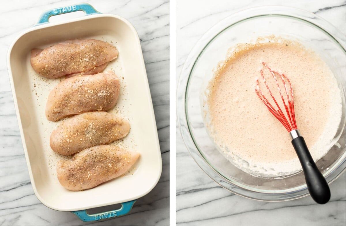 placing chicken in a baking dish and whisking tomato cream sauce in a prep bowl