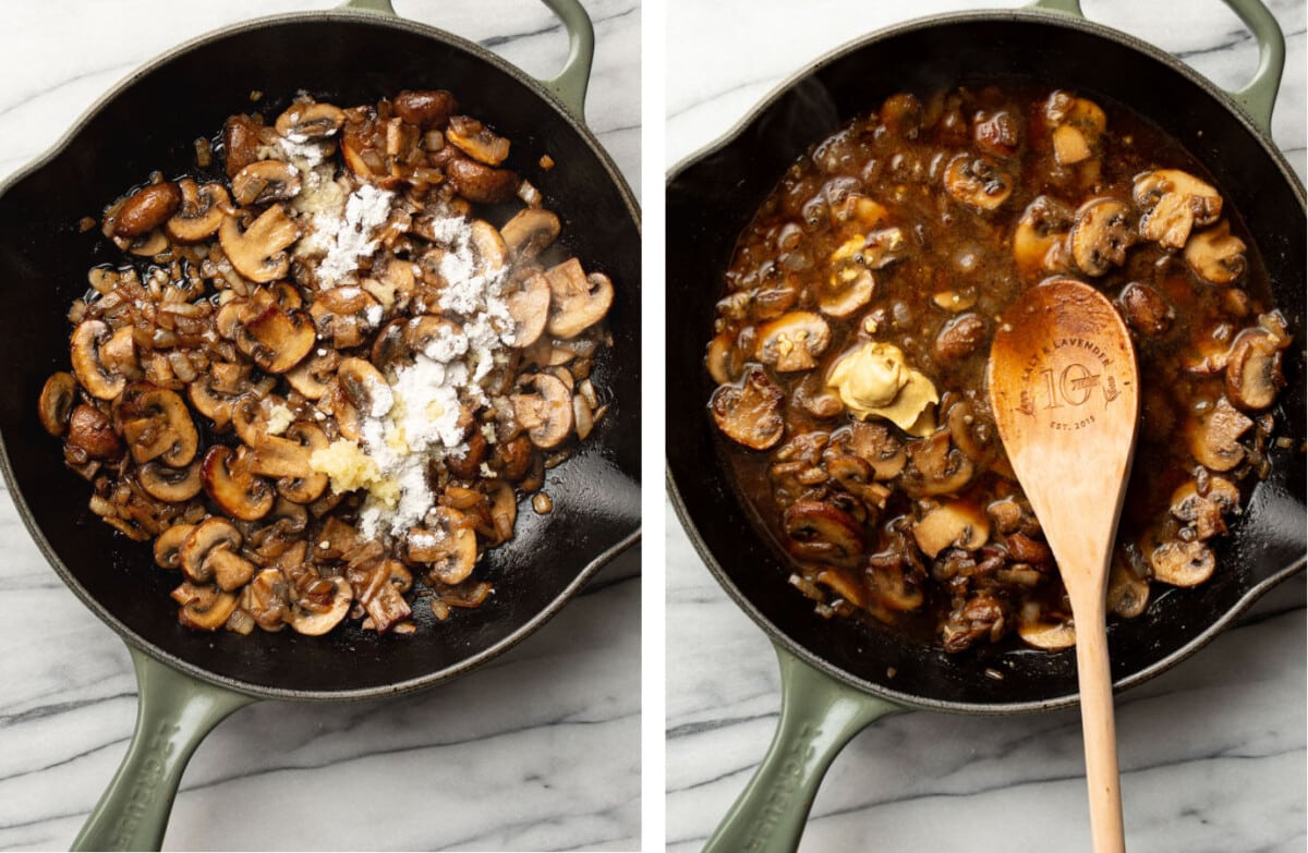 making sauce for beef stroganoff in a skillet