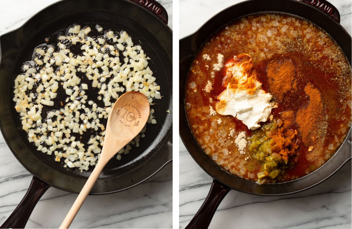 sauteing onions in a skillet and adding in enchilada sauce and spices