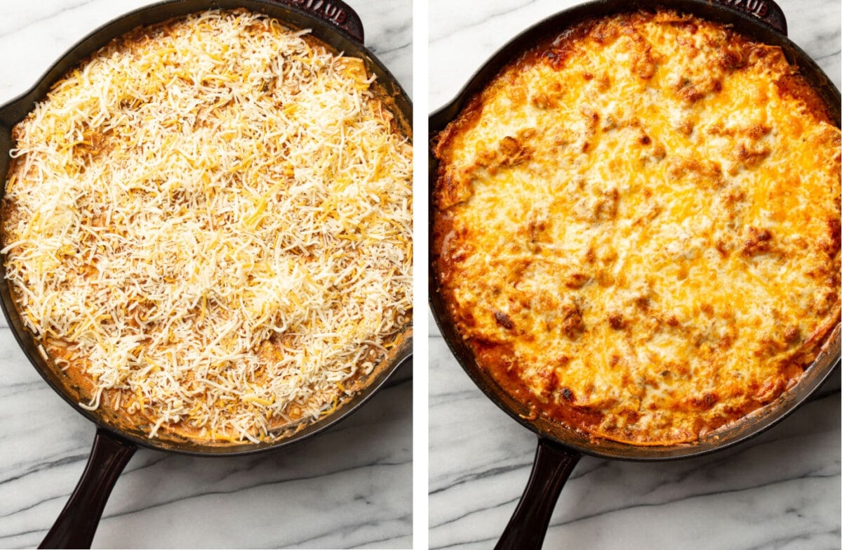 chicken enchilada skillet before and after baking