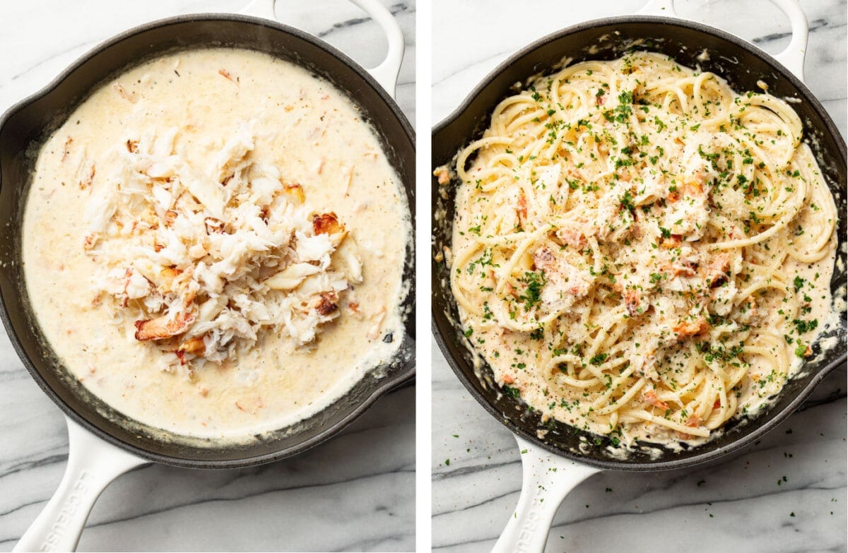 tossing crab with pasta and sauce in a skillet