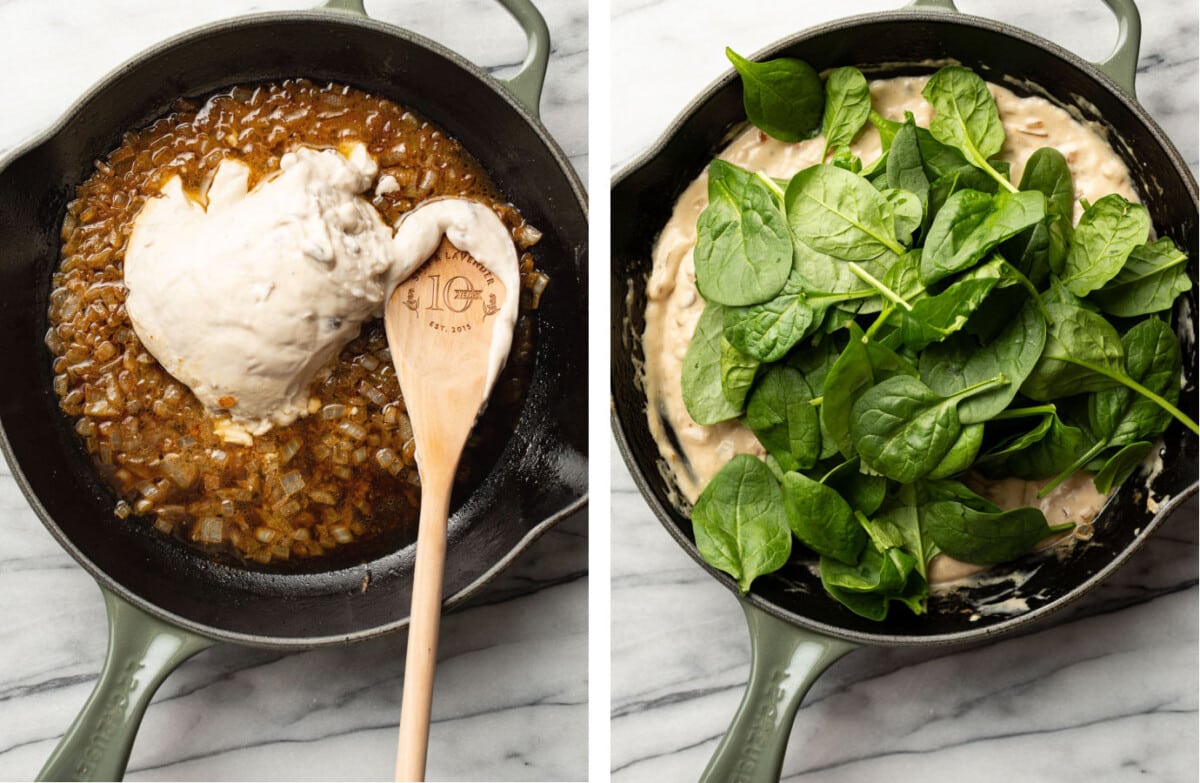 making cream of mushroom sauce in a skillet and adding spinach