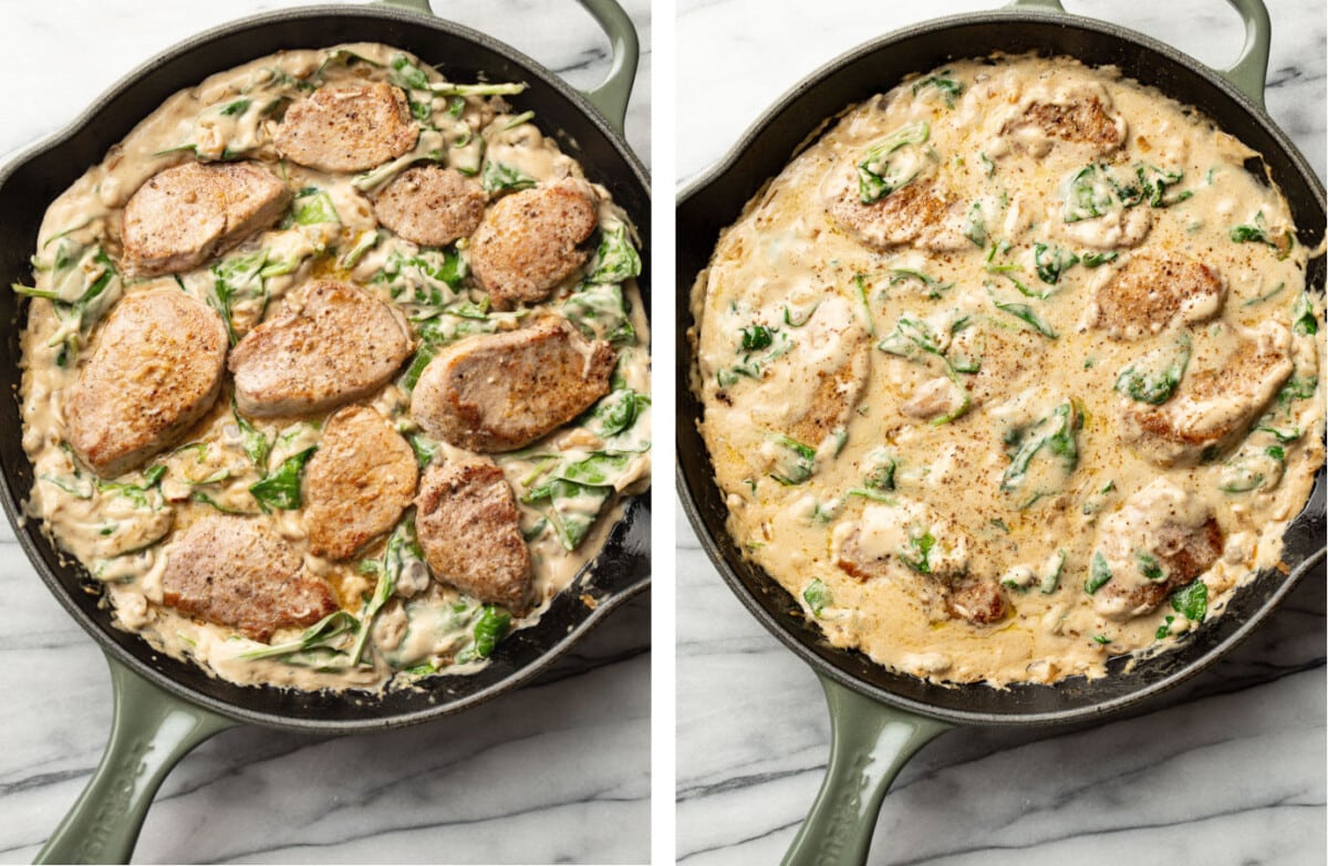 adding parsley to cream of mushroom soup pork tenderloin in a skillet