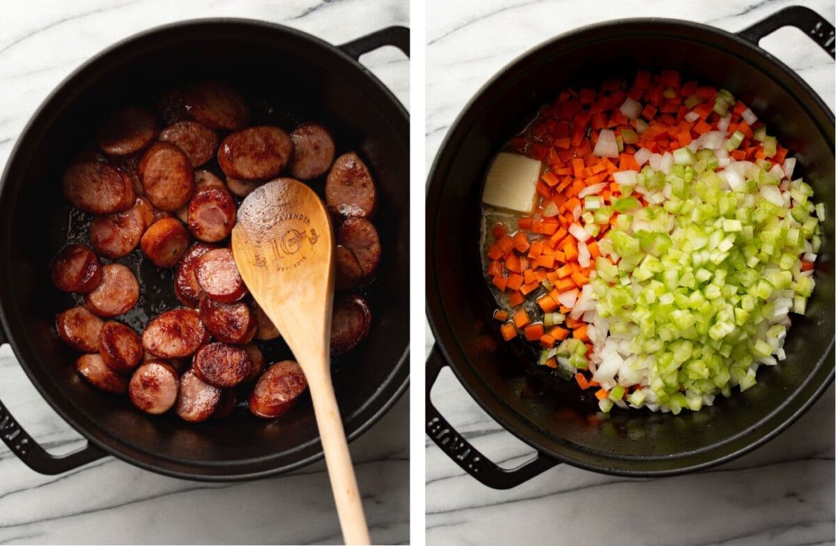 cooking kielbasa in a soup pot and sauteing aromatics