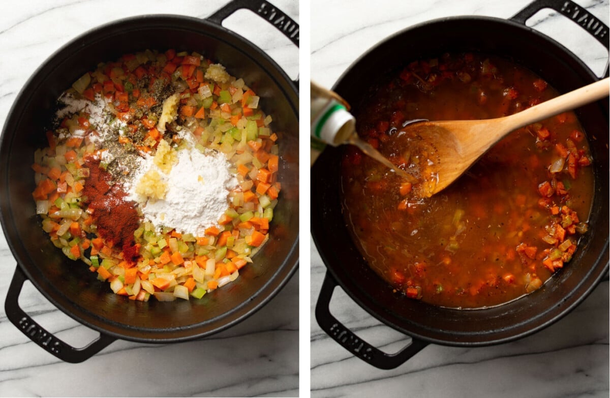 making paprika broth in a soup pot