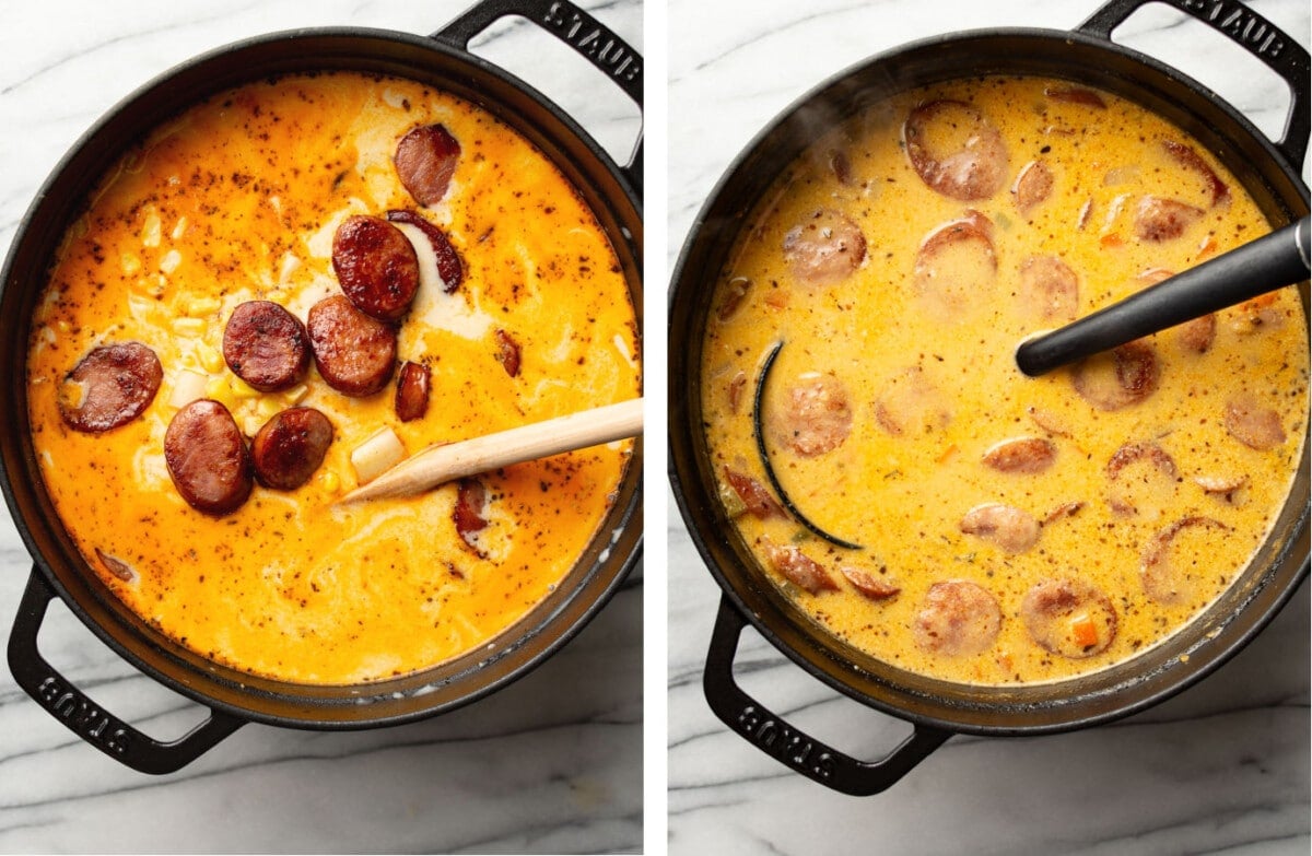 creamy kielbasa soup before and after cooking