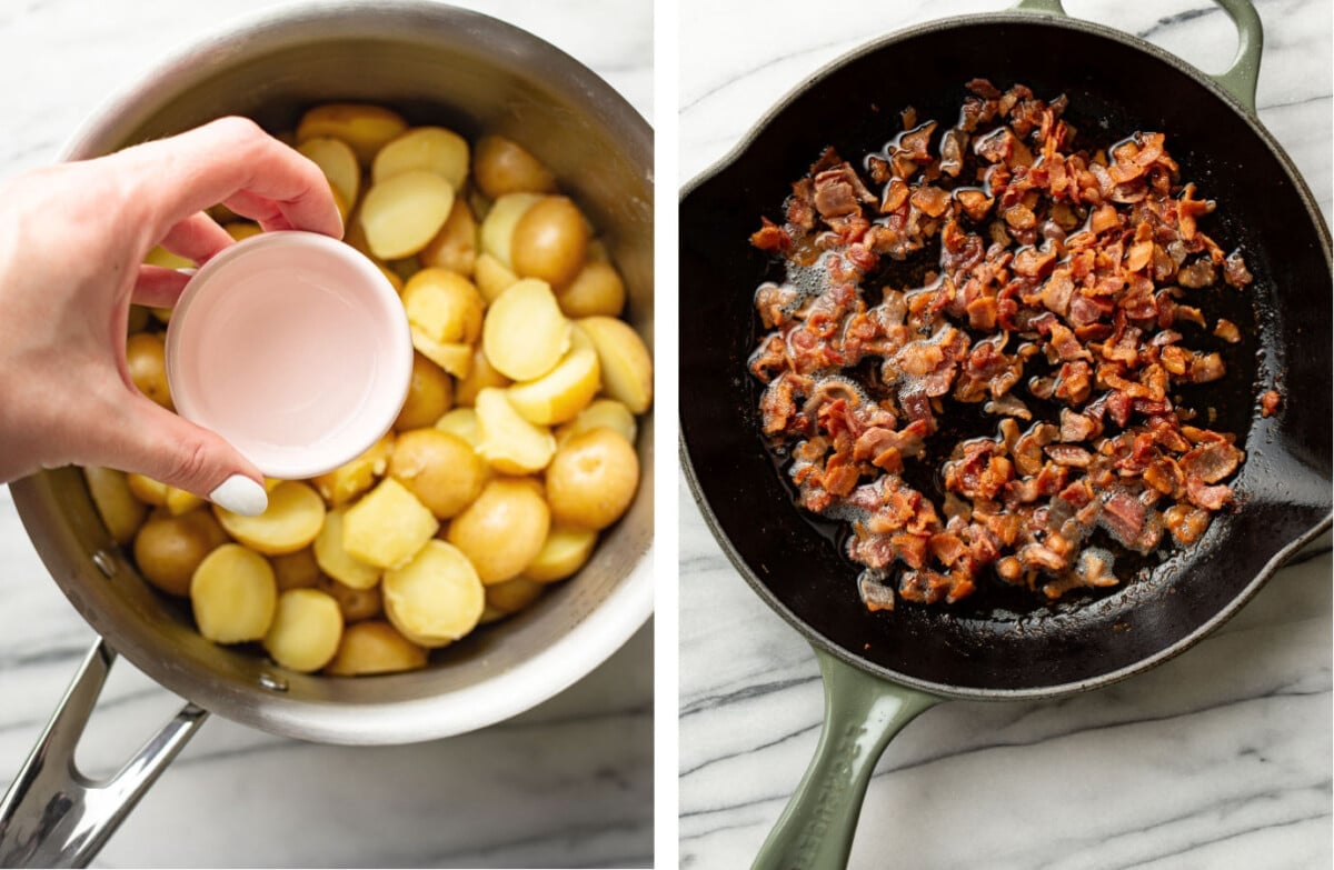 boiling potatoes and adding vinegar and frying bacon in a skillet