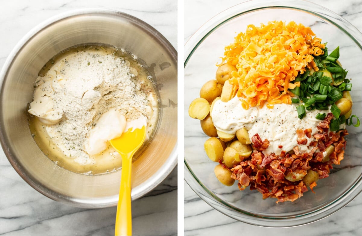making bacon ranch dressing for potato salad and adding to prep bowl