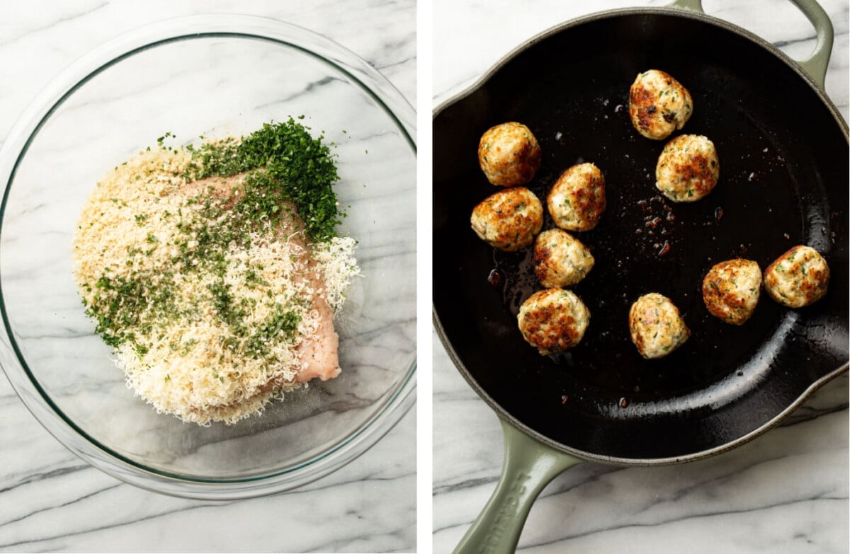 mixing ground chicken meatball ingredients in a prep bowl and pan-frying meatballs