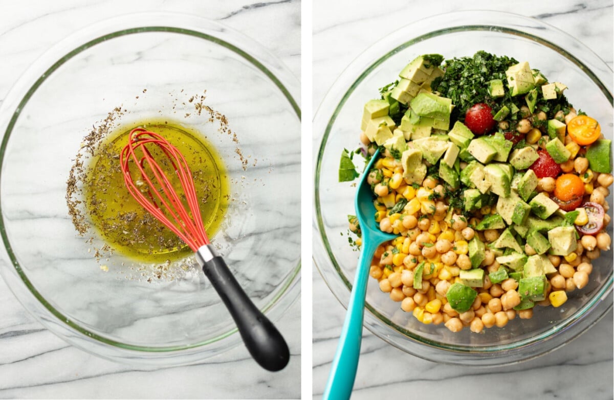 whisking salad dressing in a bowl and tossing with chickpea salad