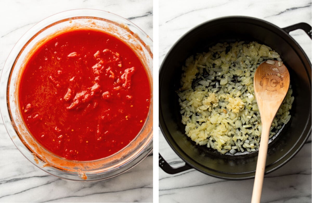 tomatoes in a prep bowl and sauteing onions in a dutch oven