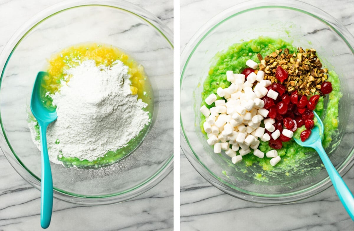 mixing ingredients in a prep bowl for watergate salad