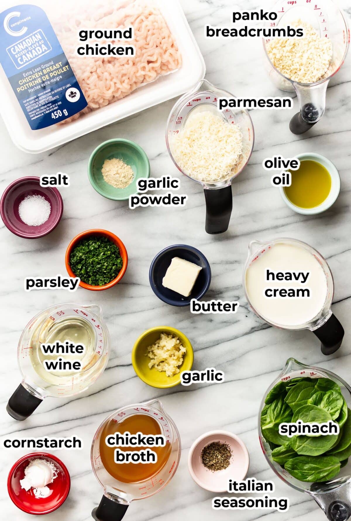 ingredients for chicken florentine meatballs in prep bowls