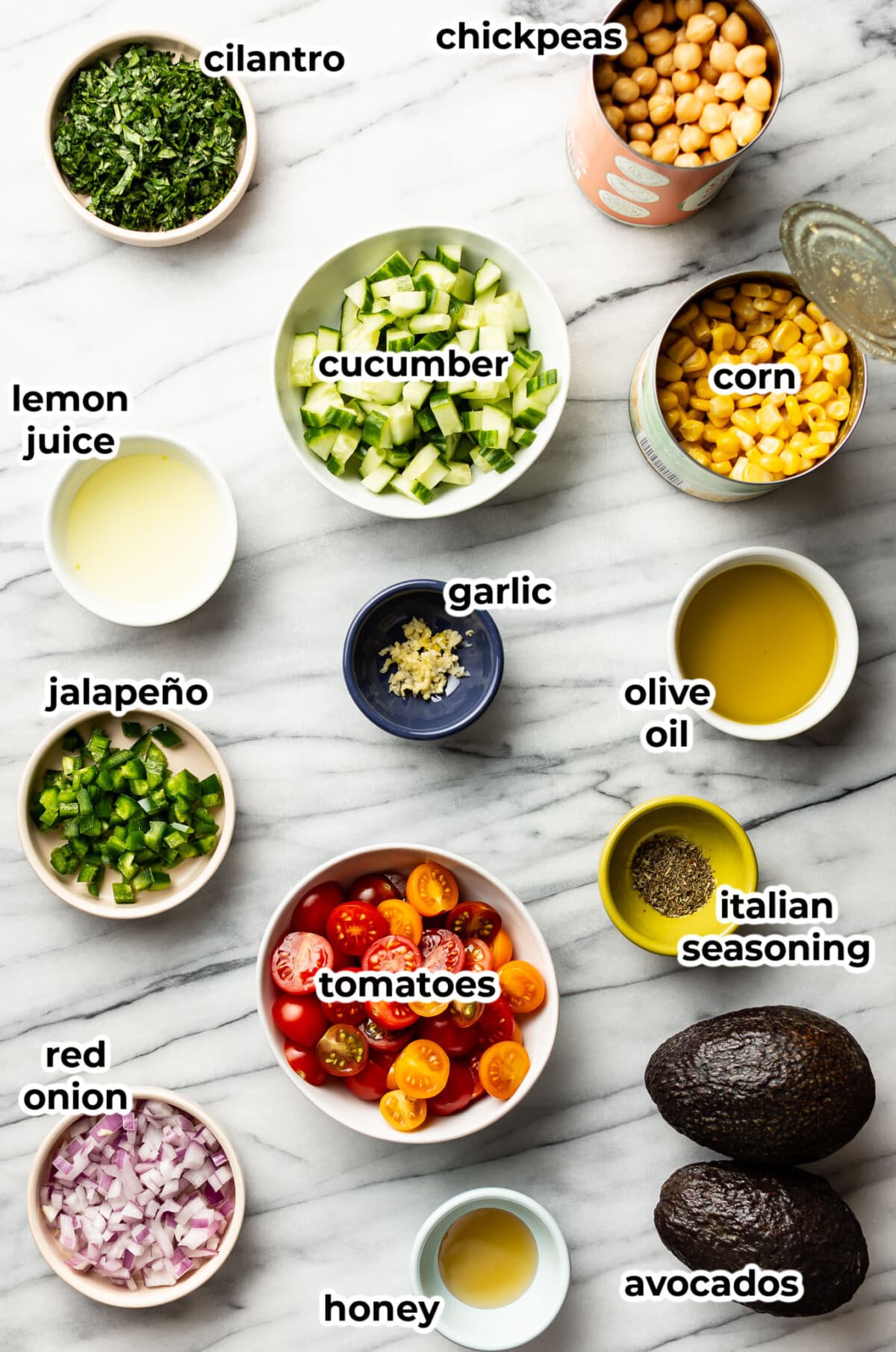 ingredients for chickpea salad in prep bowls