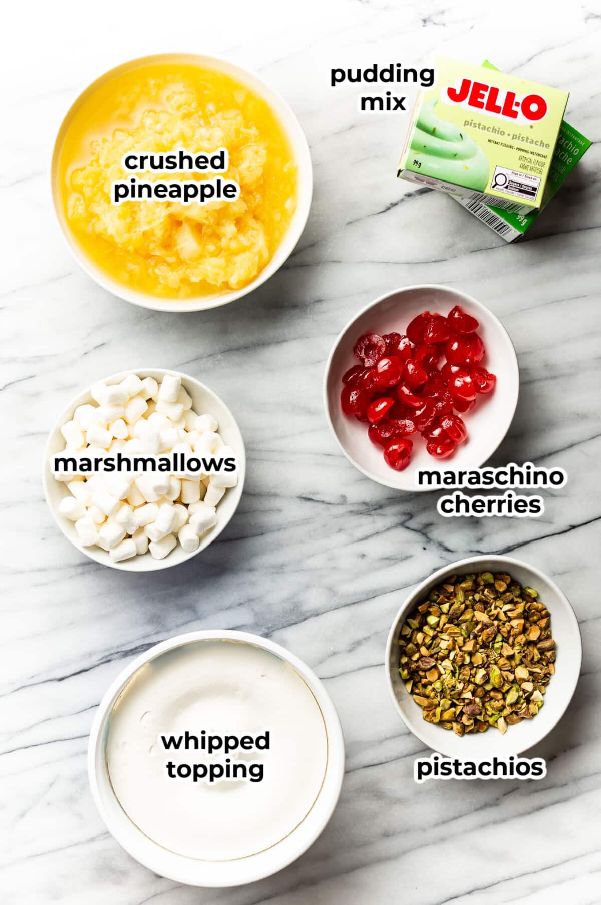 ingredients for watergate salad in prep bowls