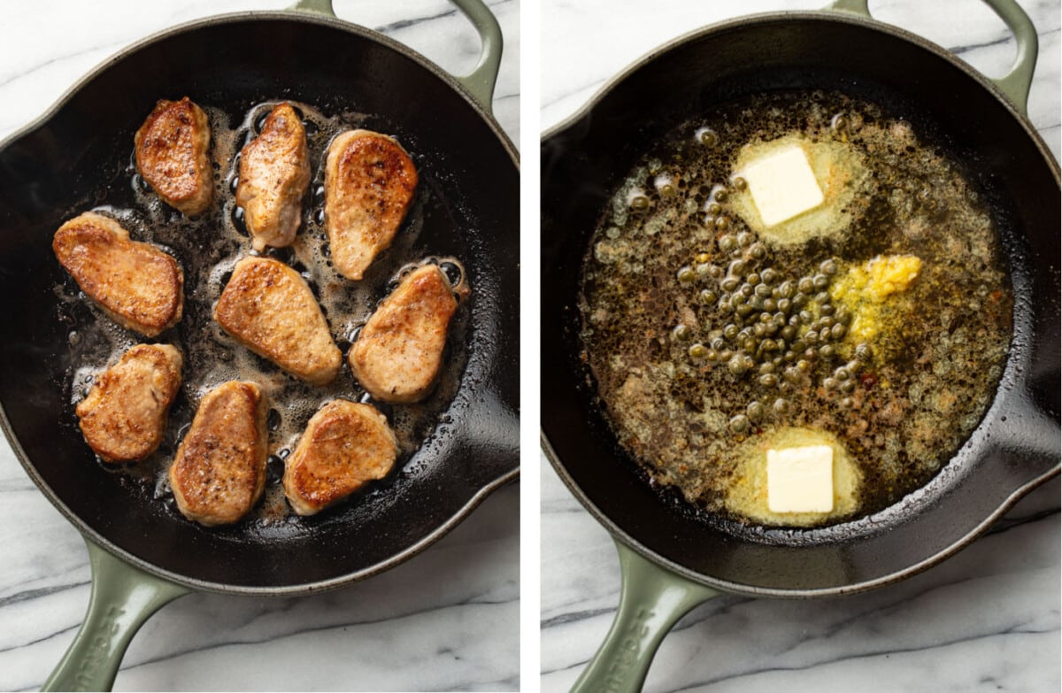 searing pork tenderloin rounds in a skillet and making piccata sauce