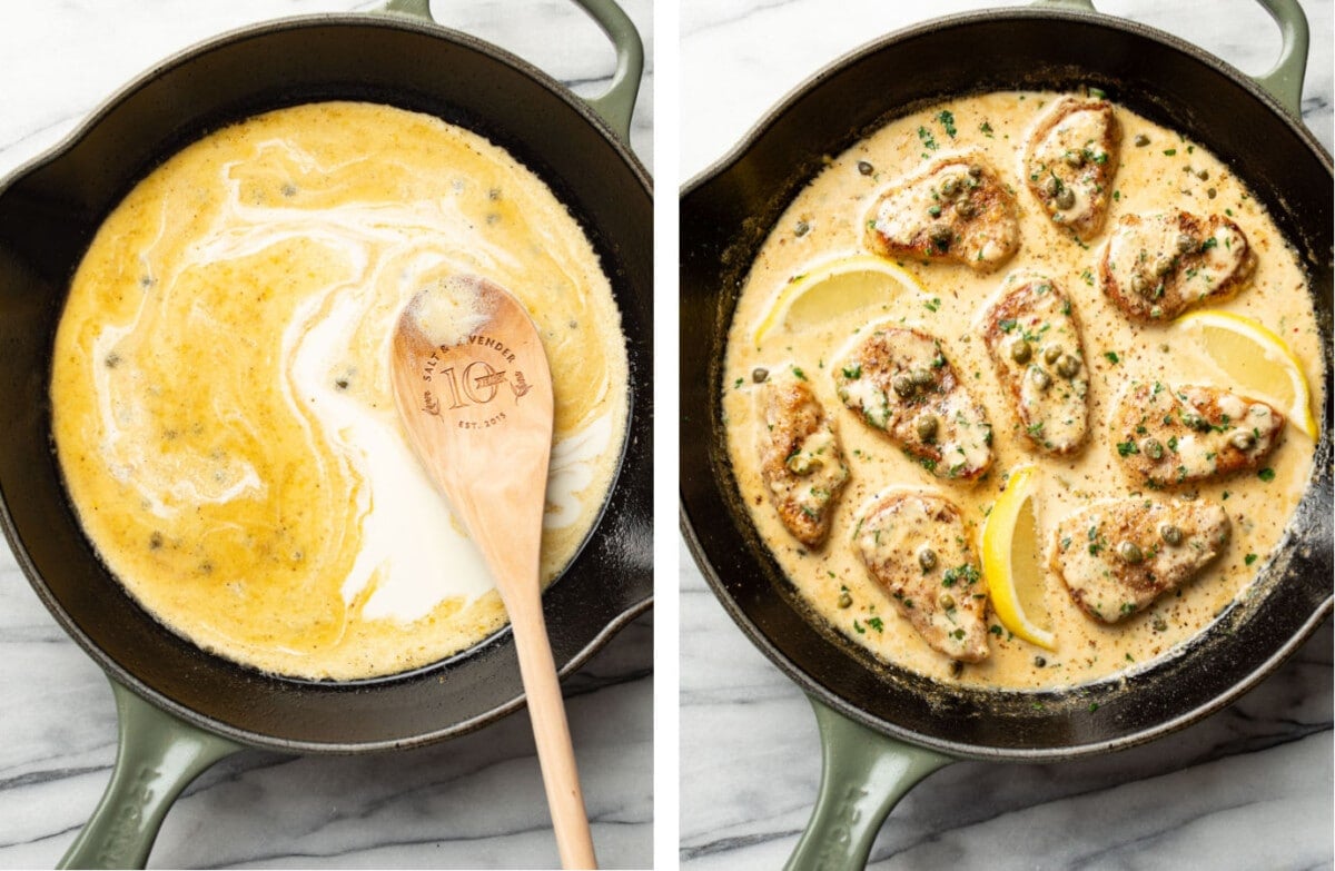 stirring cream into a skillet with pork tenderloin piccata