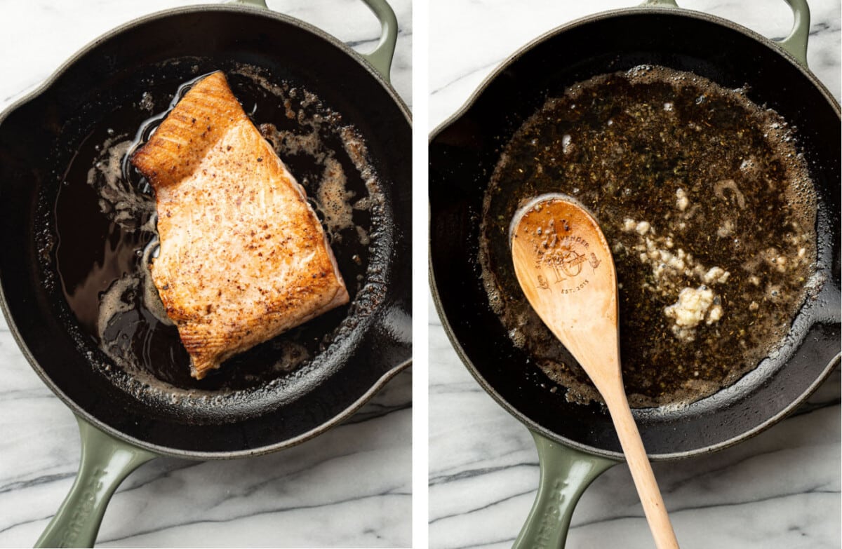 searing salmon in a skillet and making white wine sauce with garlic