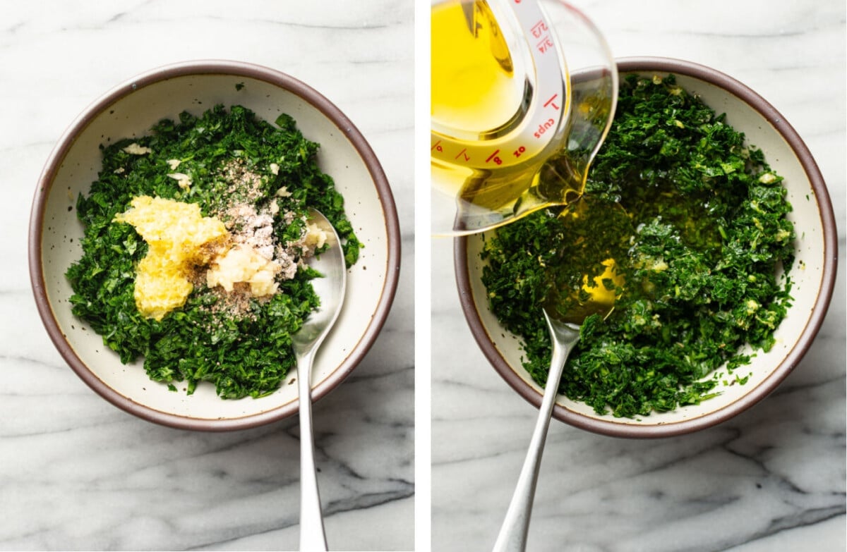 making homemade gremolata in a bowl