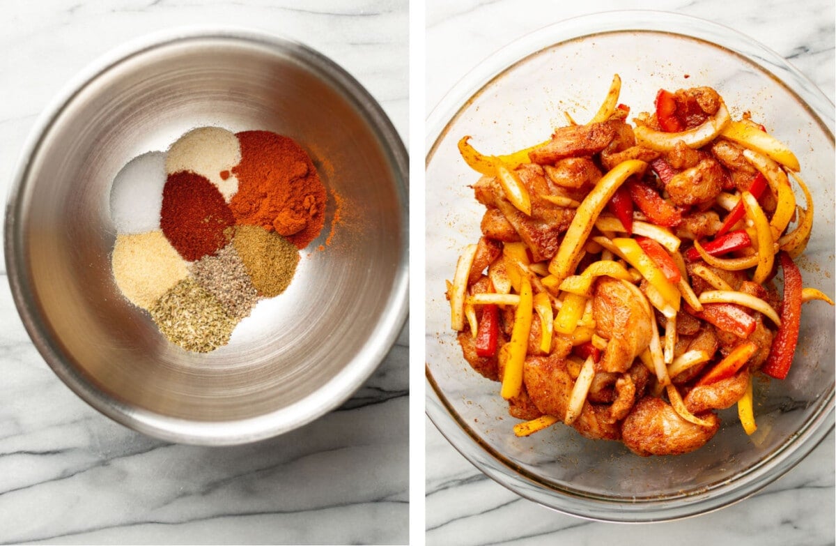 mixing fajita seasoning in a bowl and tossing with chicken and vegetables
