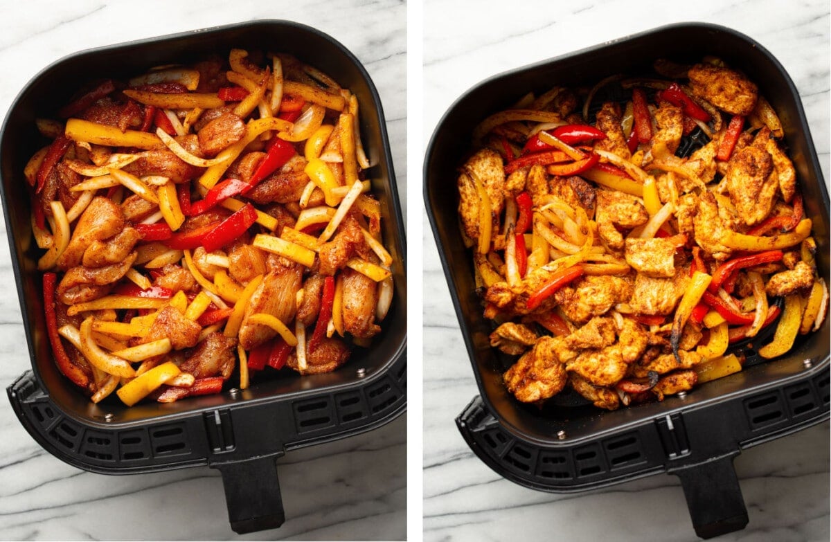 an air fryer basket with chicken fajitas before and after cooking