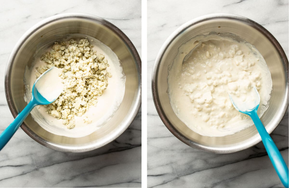 adding blue cheese crumbles to a prep bowl and stirring into dressing