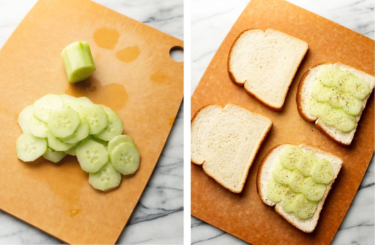 cutting cucumber and adding to slices of bread