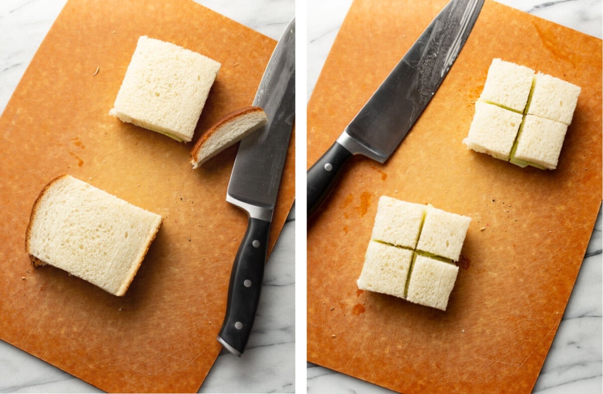 cutting crusts off cucumber sandwiches and slicing into quarters