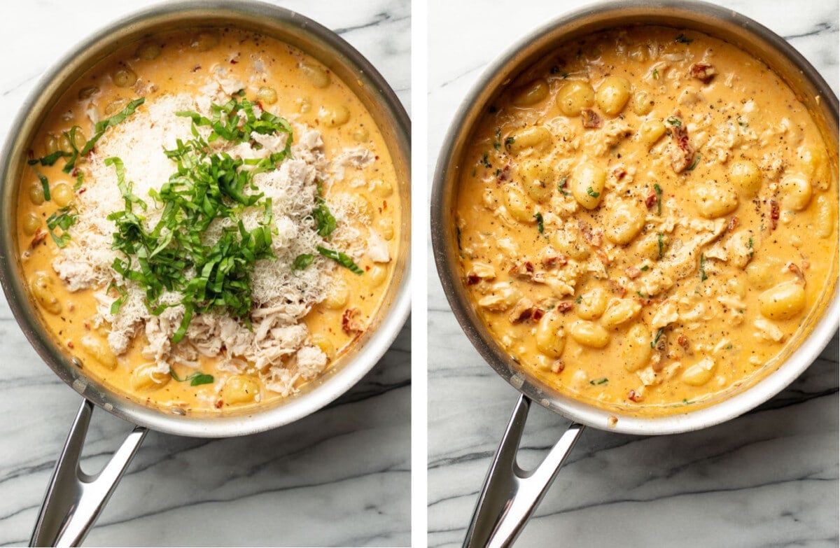 adding parmesan and basil to a skillet with marry me chicken gnocchi